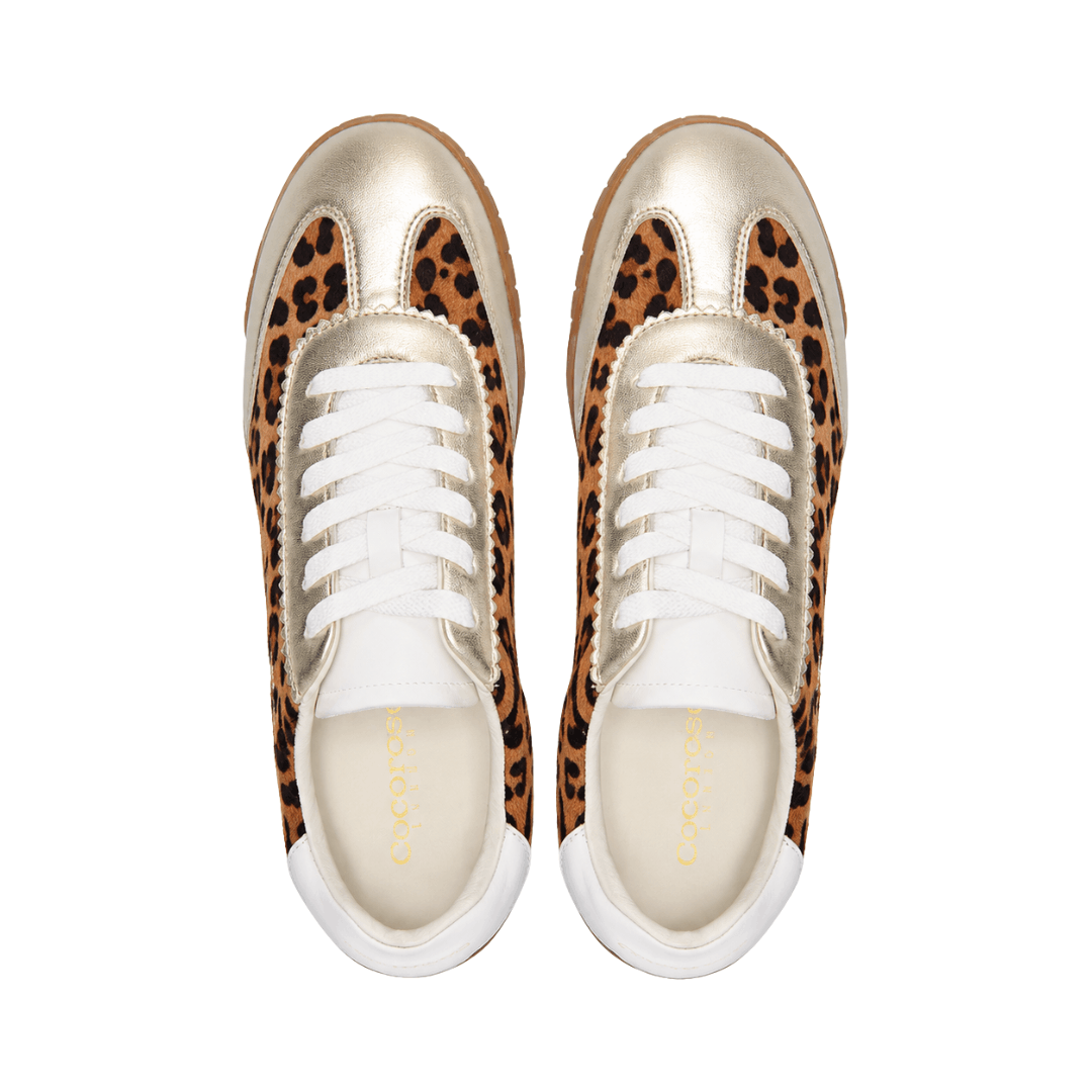 Top-down birdseye view of a pair of Moorgate leopard print sneakers with metallic gold accents and white laces against a plain white background.