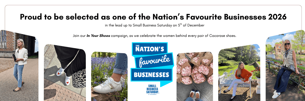 Banner celebrating Cocorose London being selected as one of the Nation's Favourite Businesses 2026 for Small Business Saturday, featuring the 'In Your Shoes' campaign header alongside photos of women wearing Cocorose shoes outdoors.