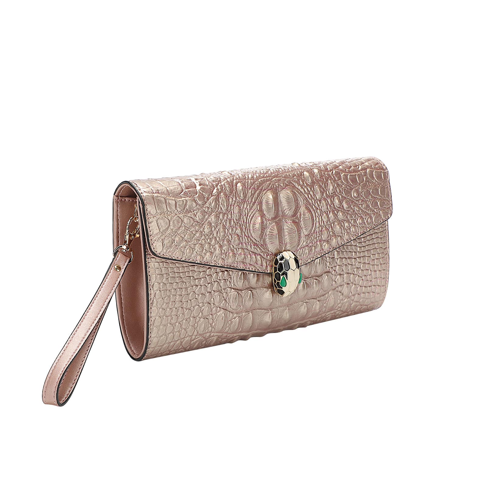 Crocodile-patterned clutch bag with a decorative clasp on a white background