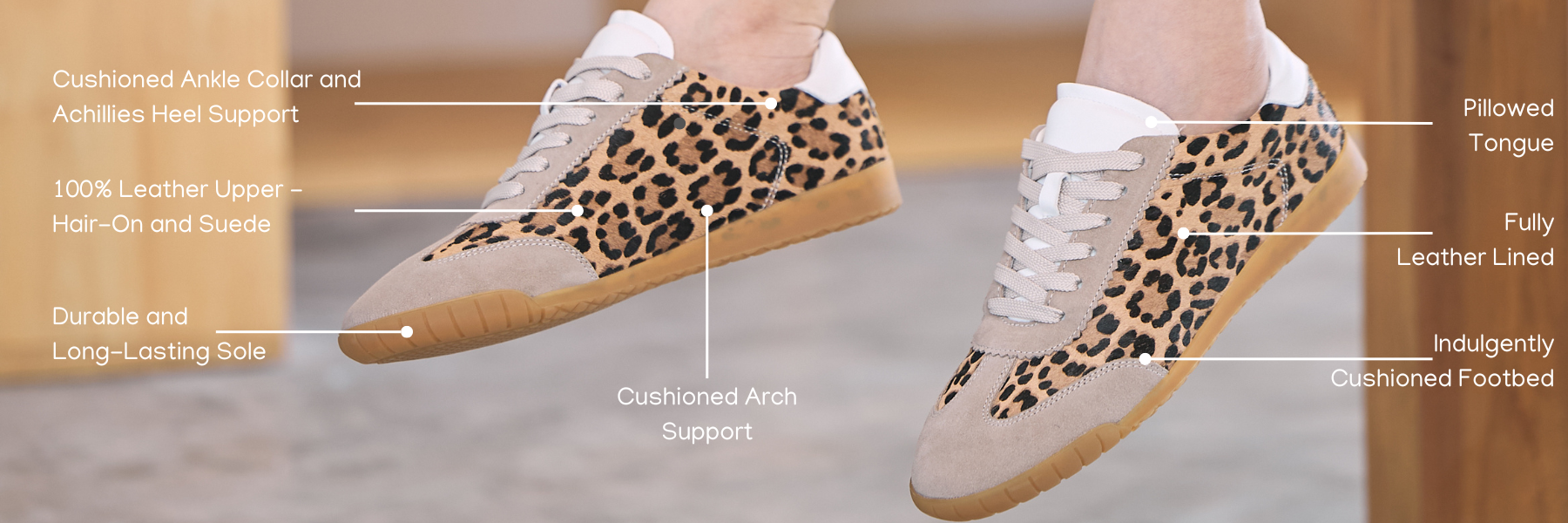 Leopard print sneakers with labelled features about comfort, durability and support