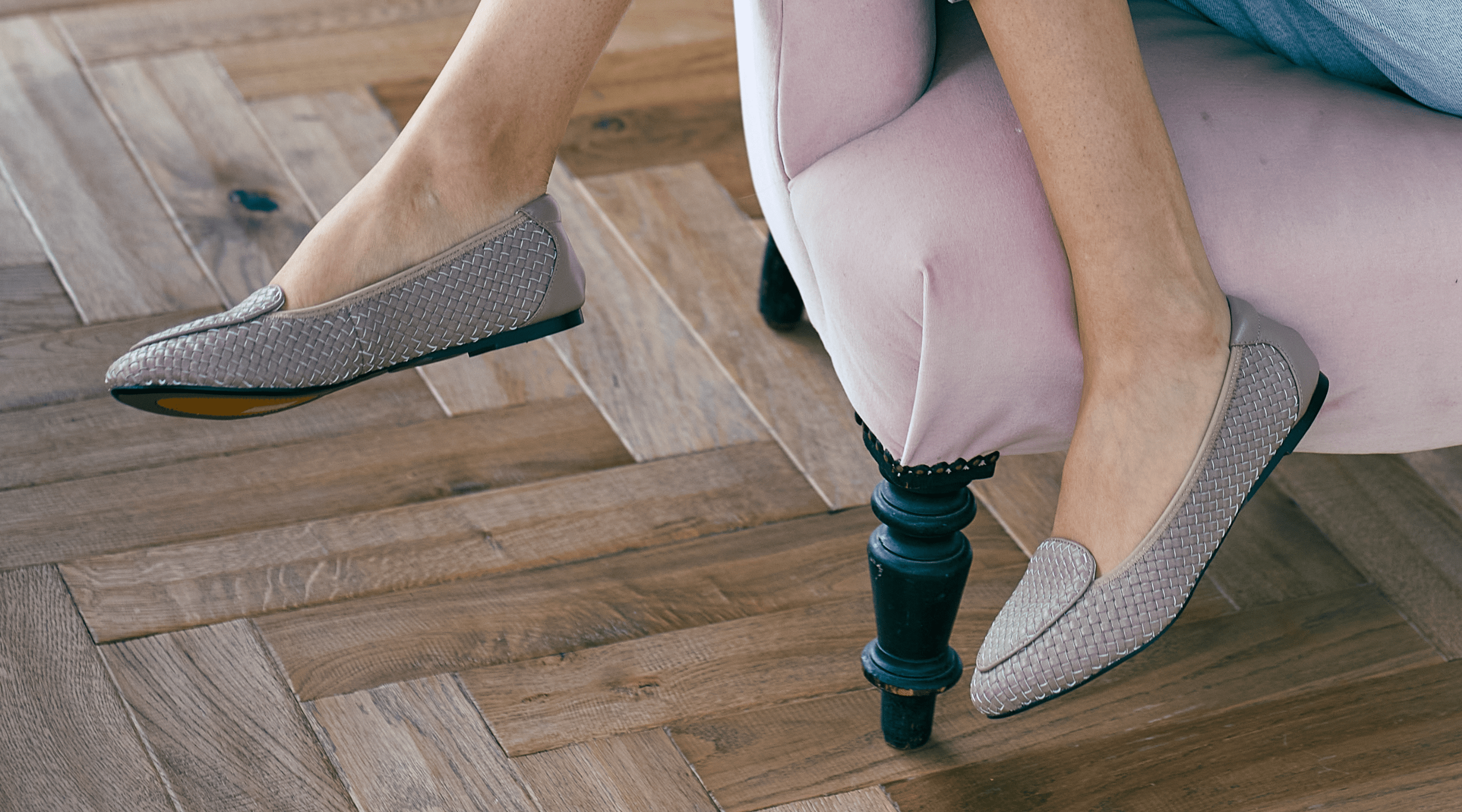 Soft pink woven leather loafers for women