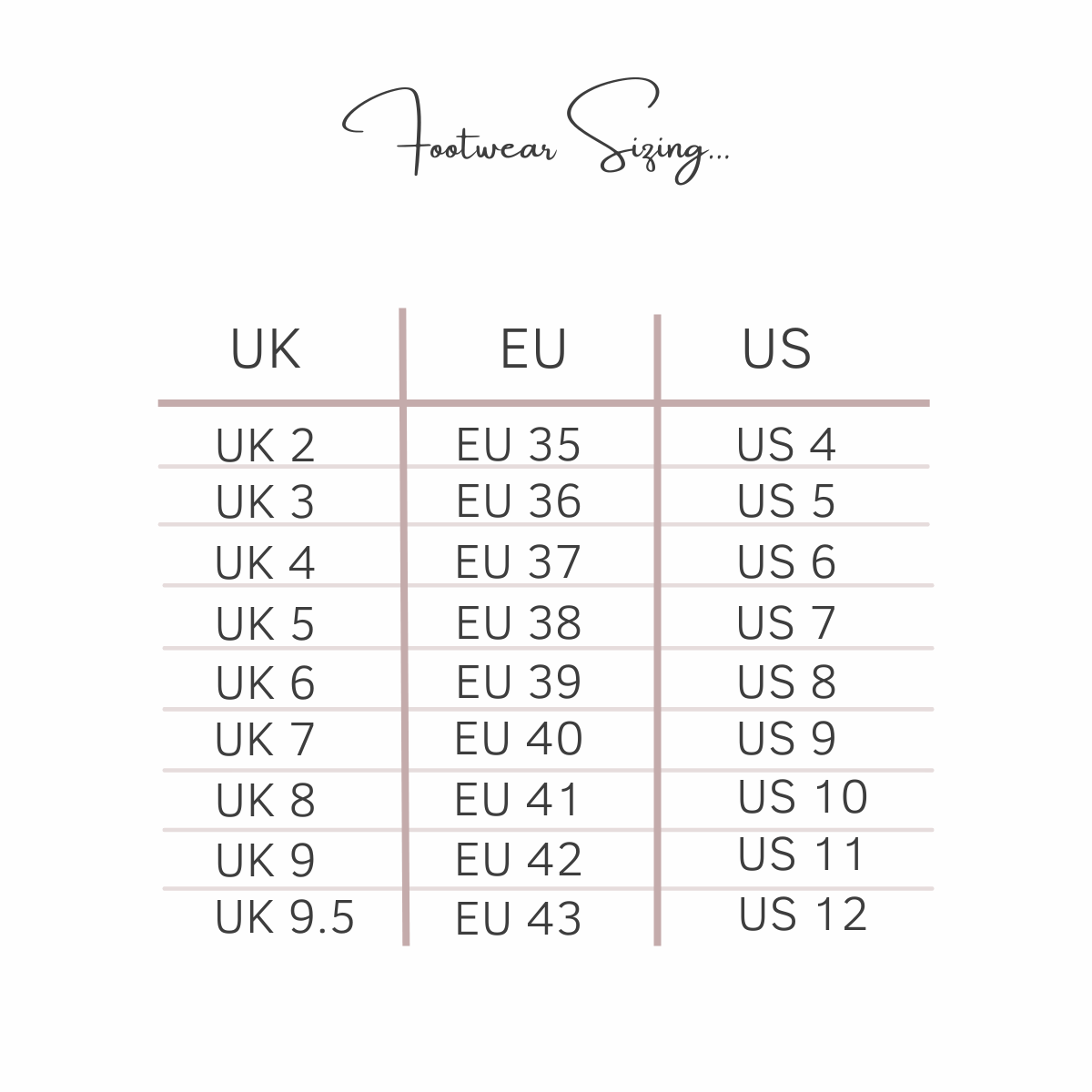Shoe sizing chart for Cocorose London
