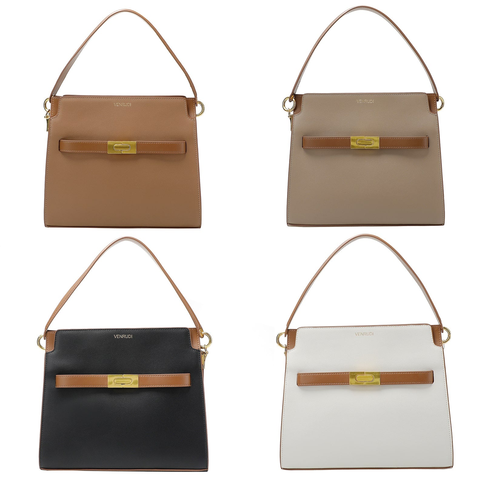 Tan Leather Handbag with Belt-Buckle Detail and Detachable Shoulder Strap