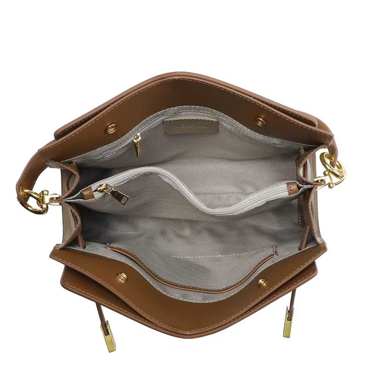 Tan Leather Handbag with Belt-Buckle Detail and Detachable Shoulder Strap