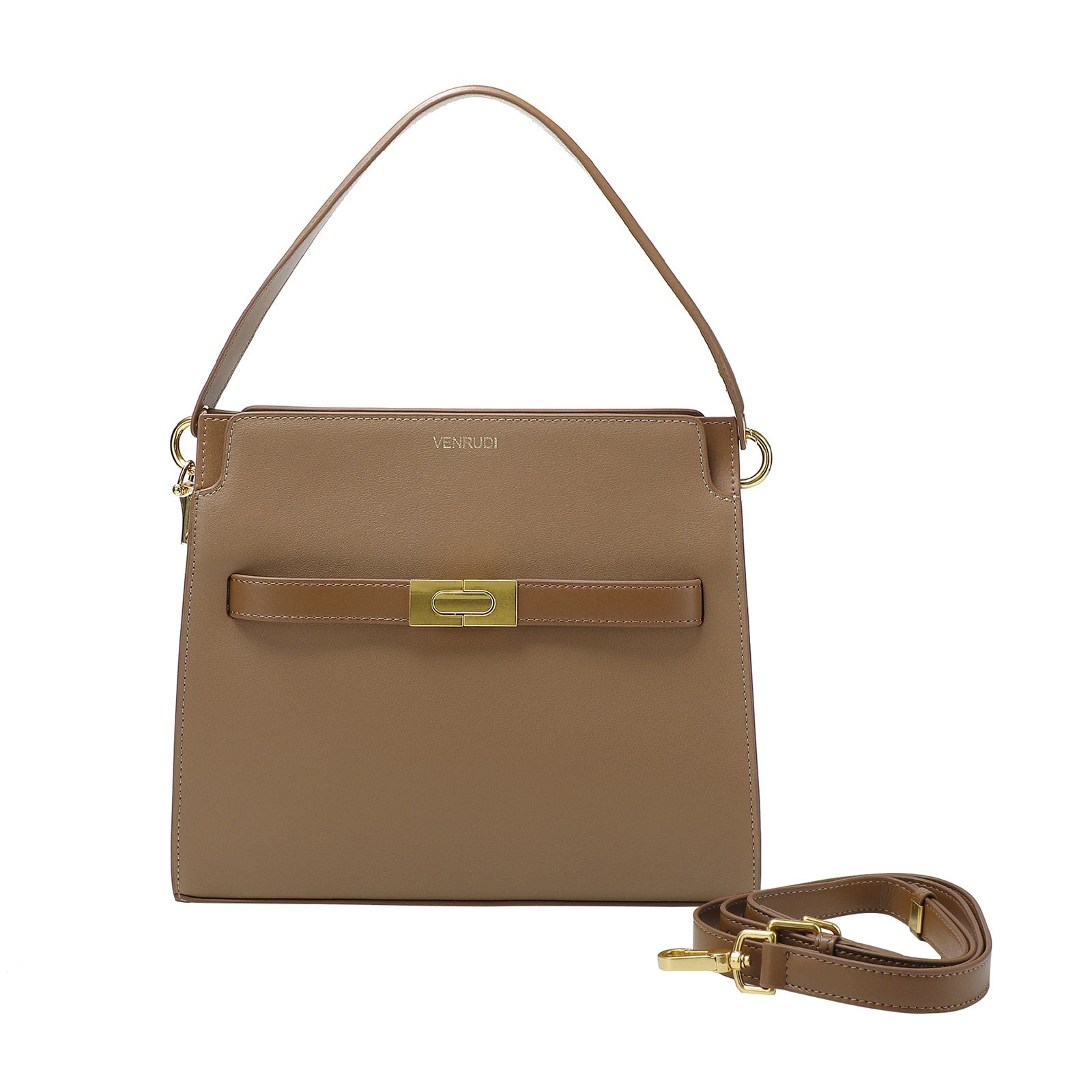 Tan Leather Handbag with Belt-Buckle Detail and Detachable Shoulder Strap