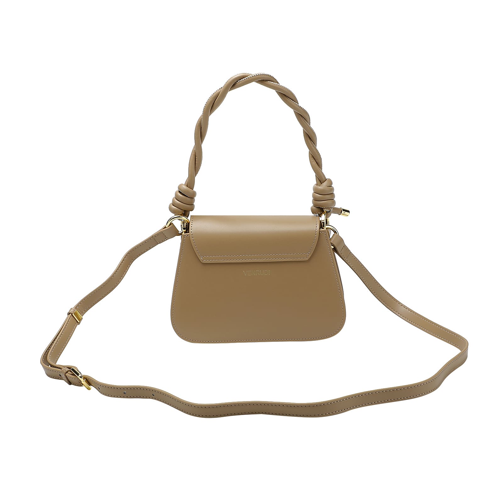 Tan handbag with a braided handle on a white background