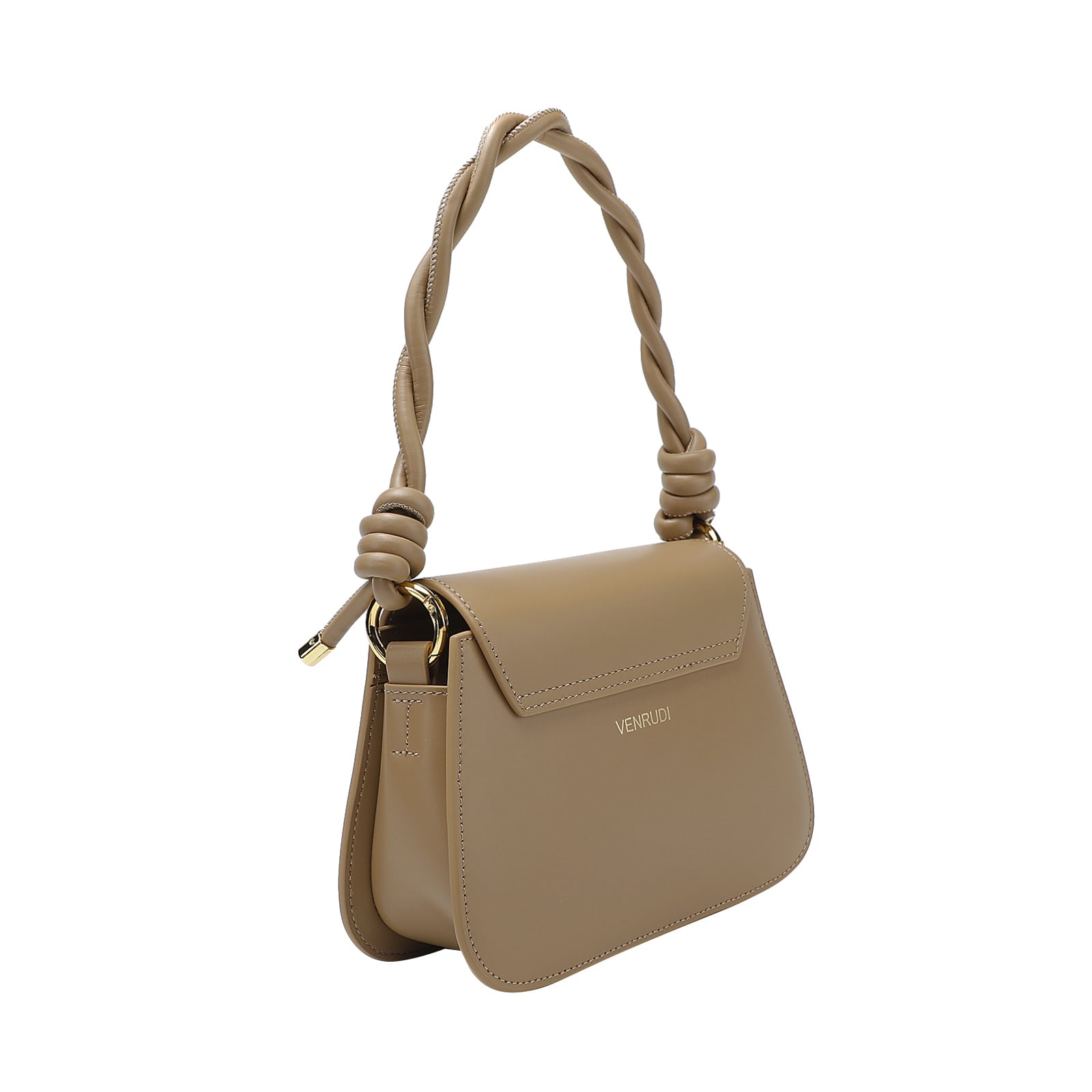 Tan handbag with a braided handle on a white background