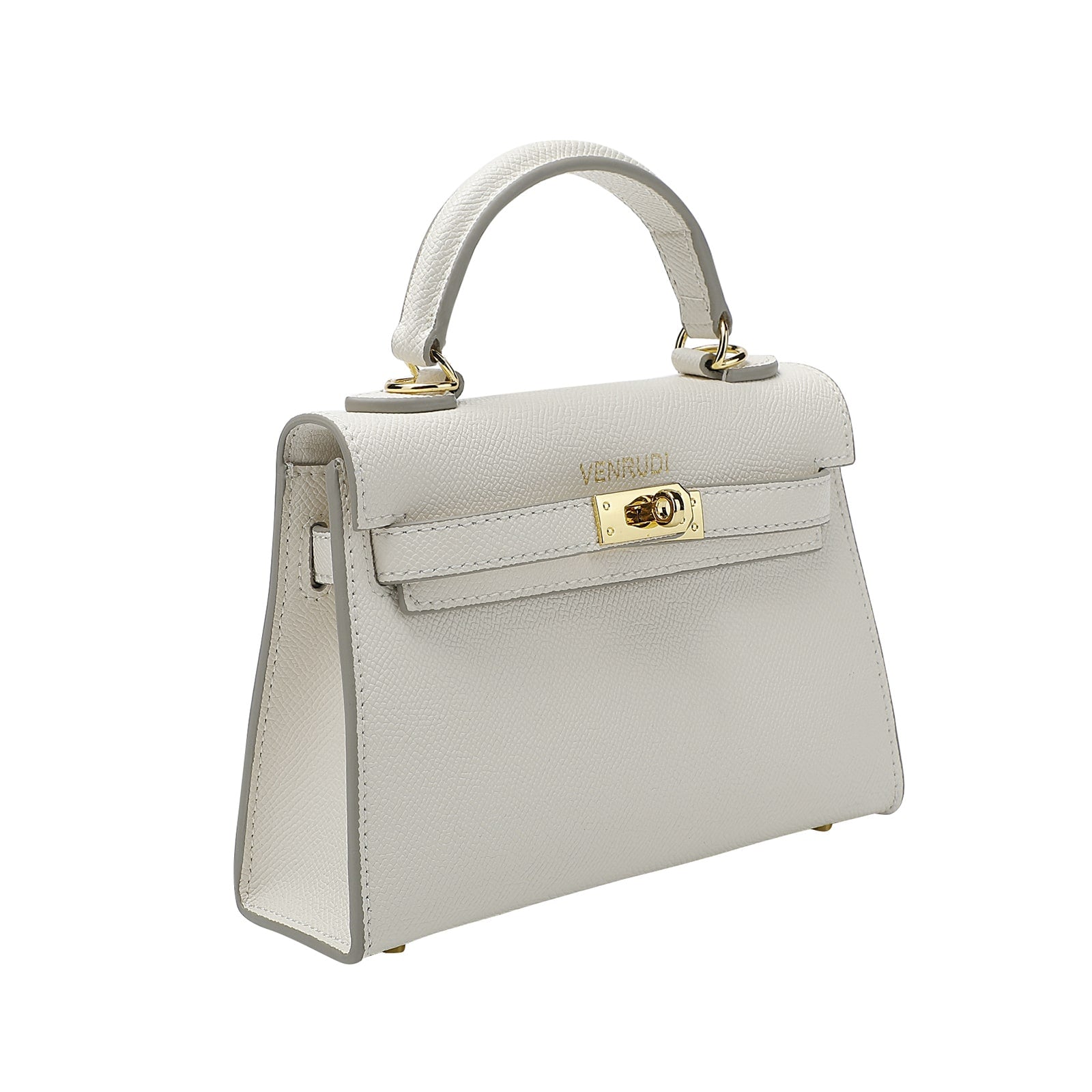 White handbag with gold hardware on a white background