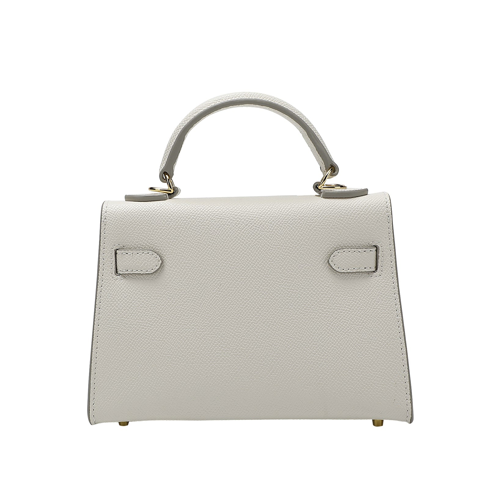 Back of a white leather handbag showing the handle and endings of a the belt-buckle detail with gold accents on a white background