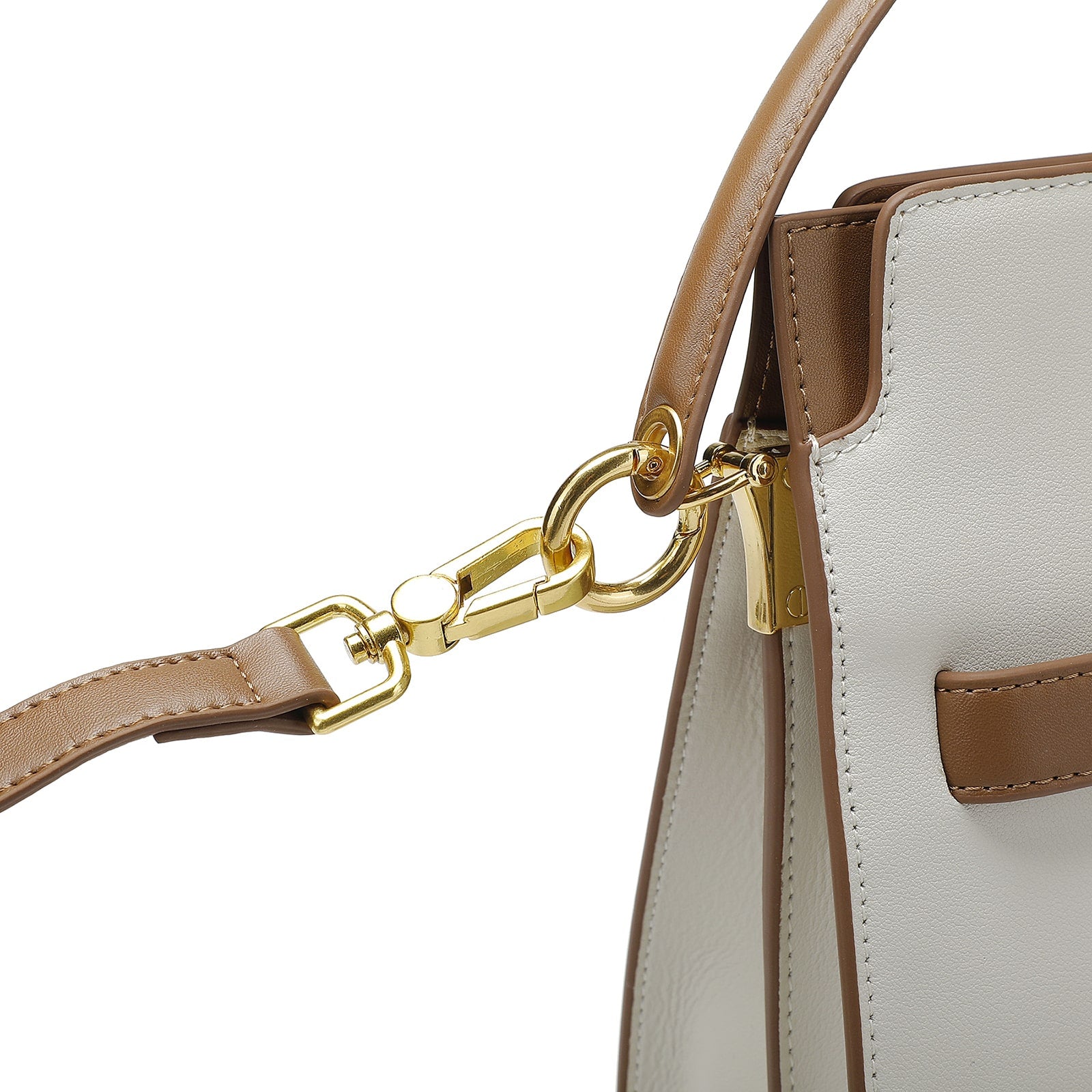 White Leather Handbag with Tan Belt-Buckle Detail and Detachable Shoulder Strap