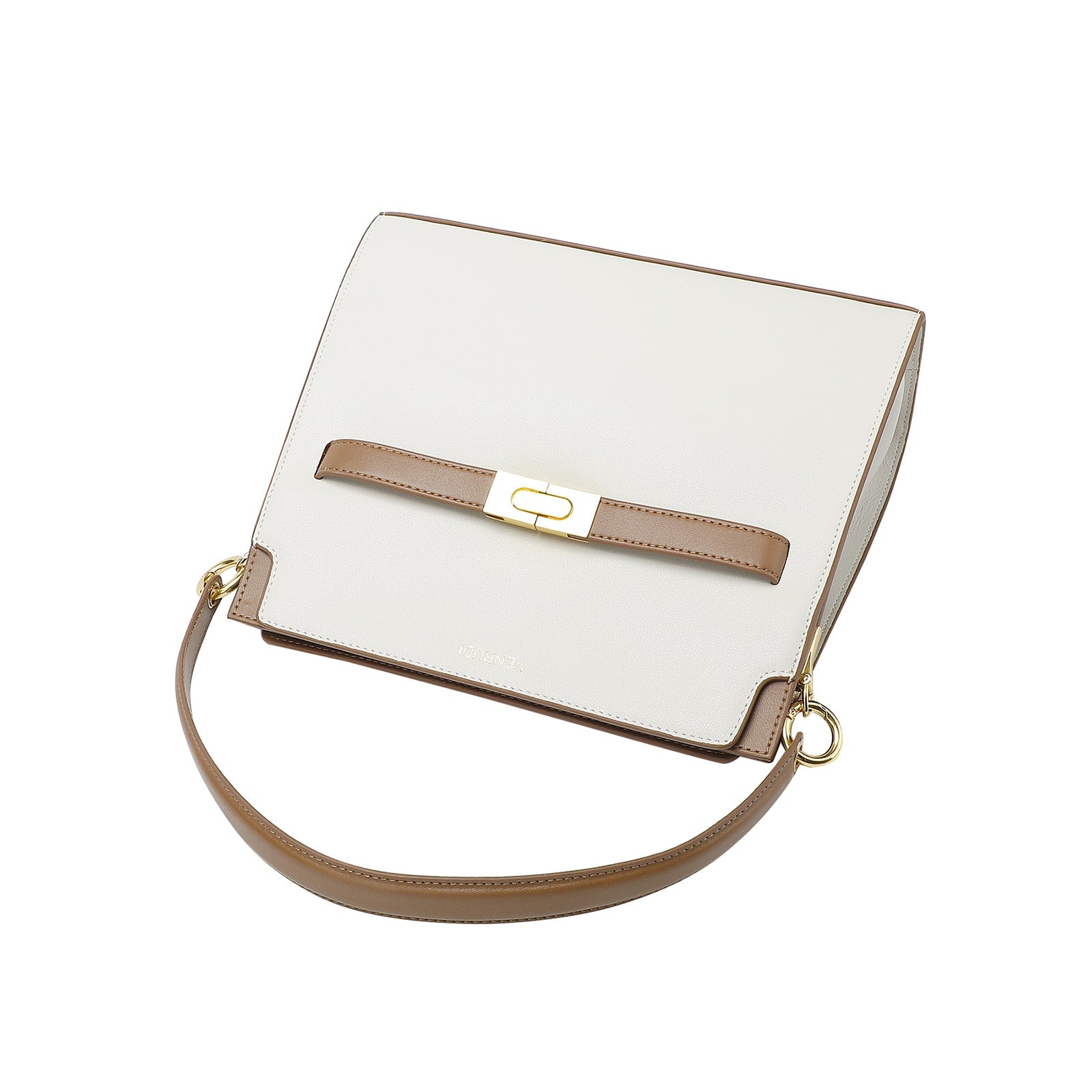 White Leather Handbag with Tan Belt-Buckle Detail and Detachable Shoulder Strap