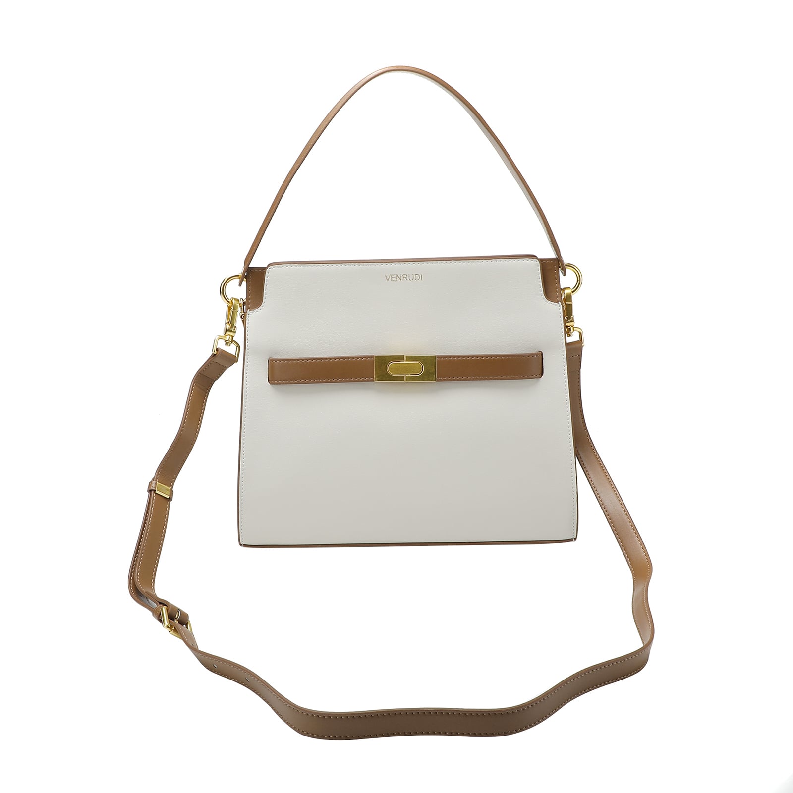 White Leather Handbag with Tan Belt-Buckle Detail and Detachable Shoulder Strap