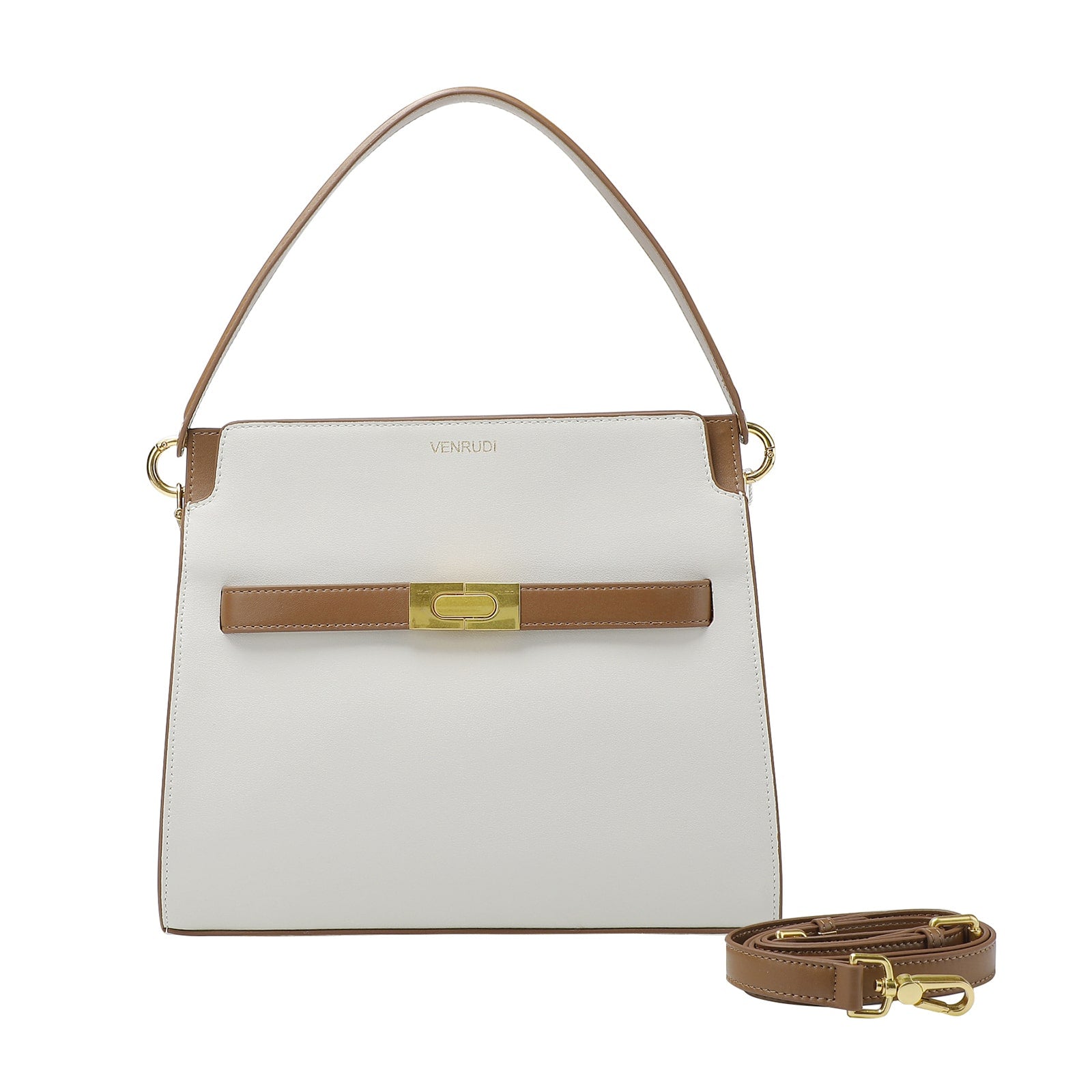 White Leather Handbag with Tan Belt-Buckle Detail and Detachable Shoulder Strap
