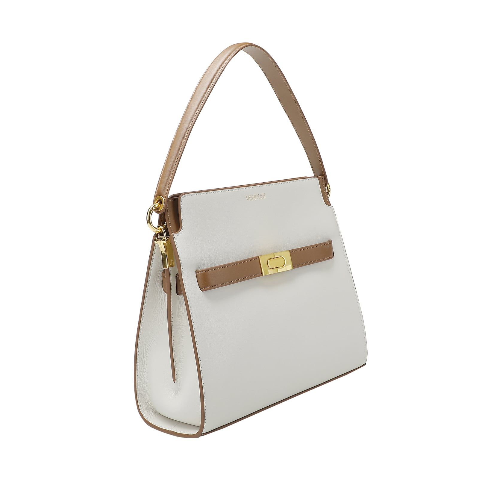 White Leather Handbag with Tan Belt-Buckle Detail and Detachable Shoulder Strap
