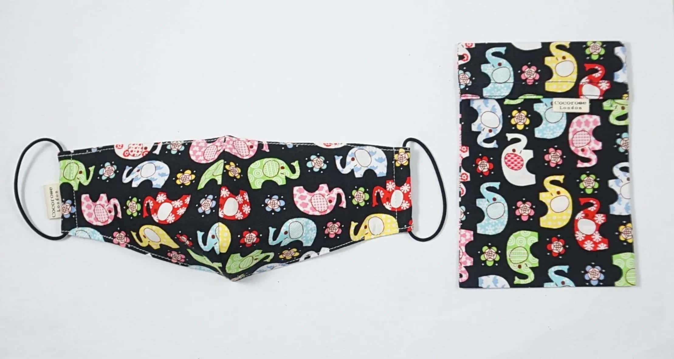 Children's Cotton Face Mask with Filter Pocket and Matching Pouch - Colourful Elephants Cocorose London