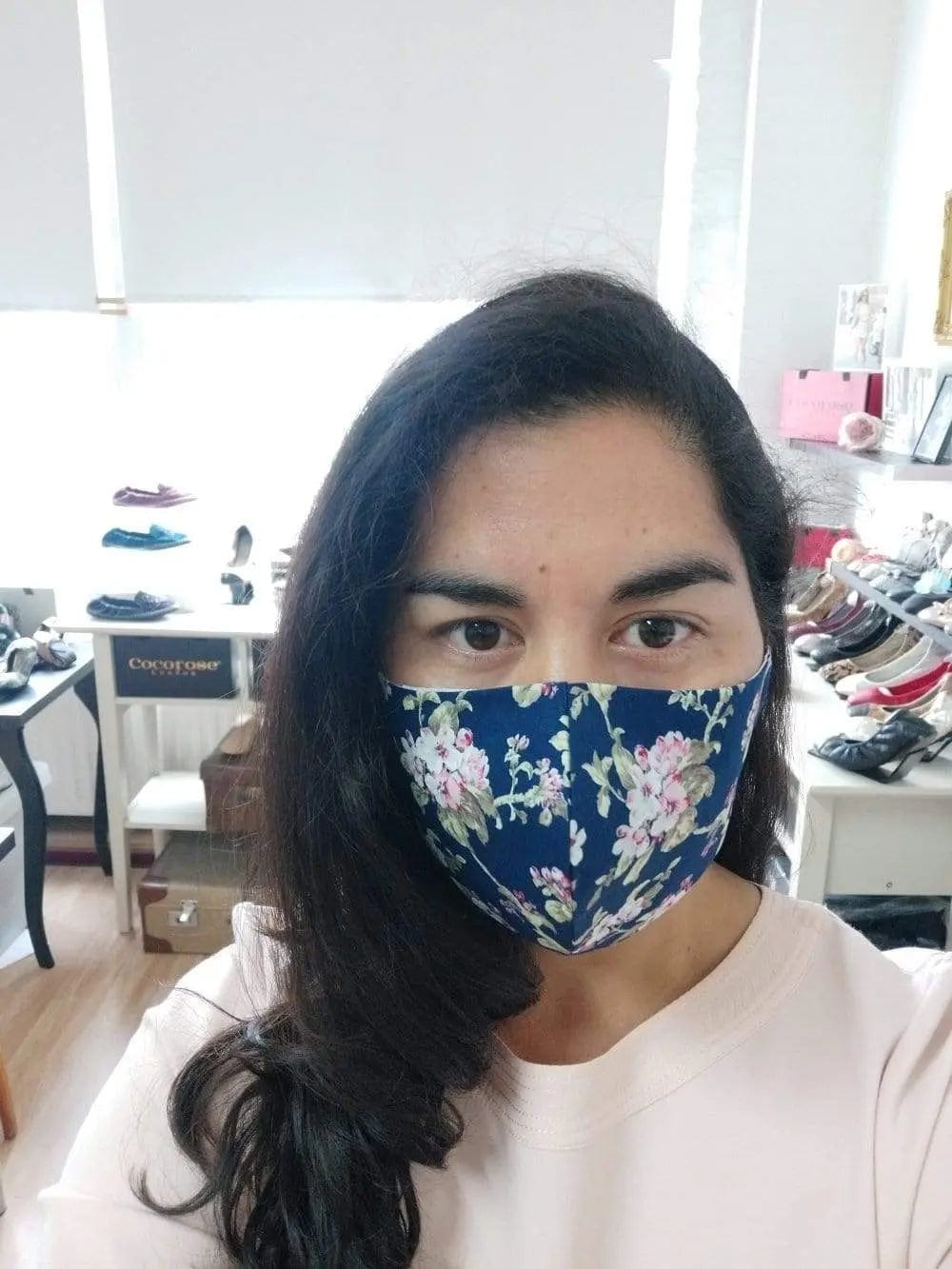 Cotton Face Mask with Filter Pocket and Matching Pouch - Floral Print Navy Cocorose London
