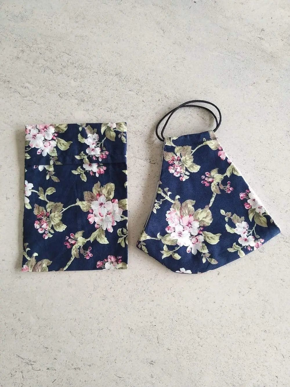 Cotton Face Mask with Filter Pocket and Matching Pouch - Floral Print Navy Cocorose London