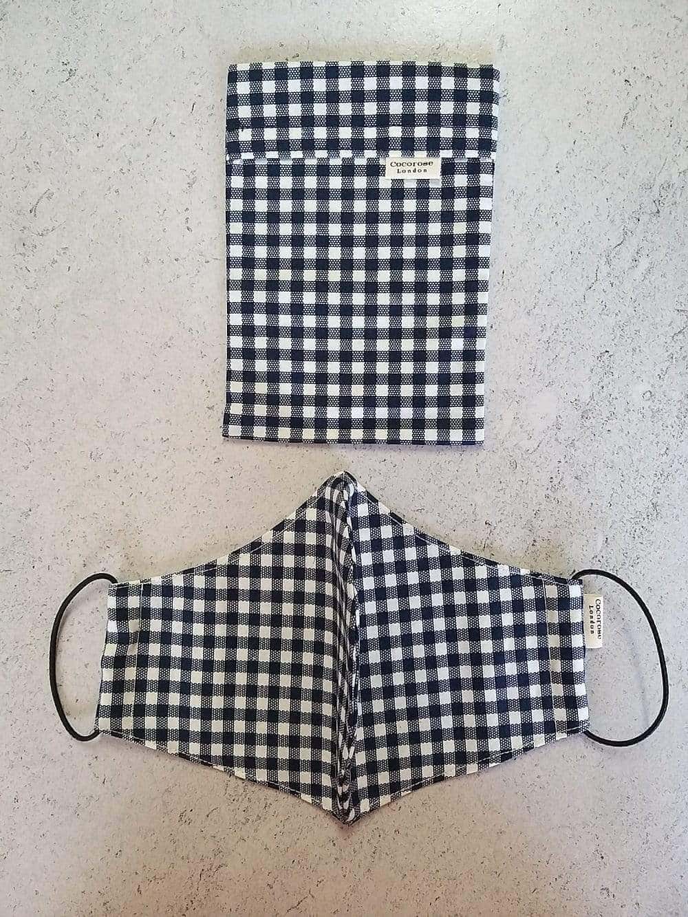 Cotton Face Mask with Filter Pocket and Matching Pouch - Gingham Navy 2.0 Cocorose London
