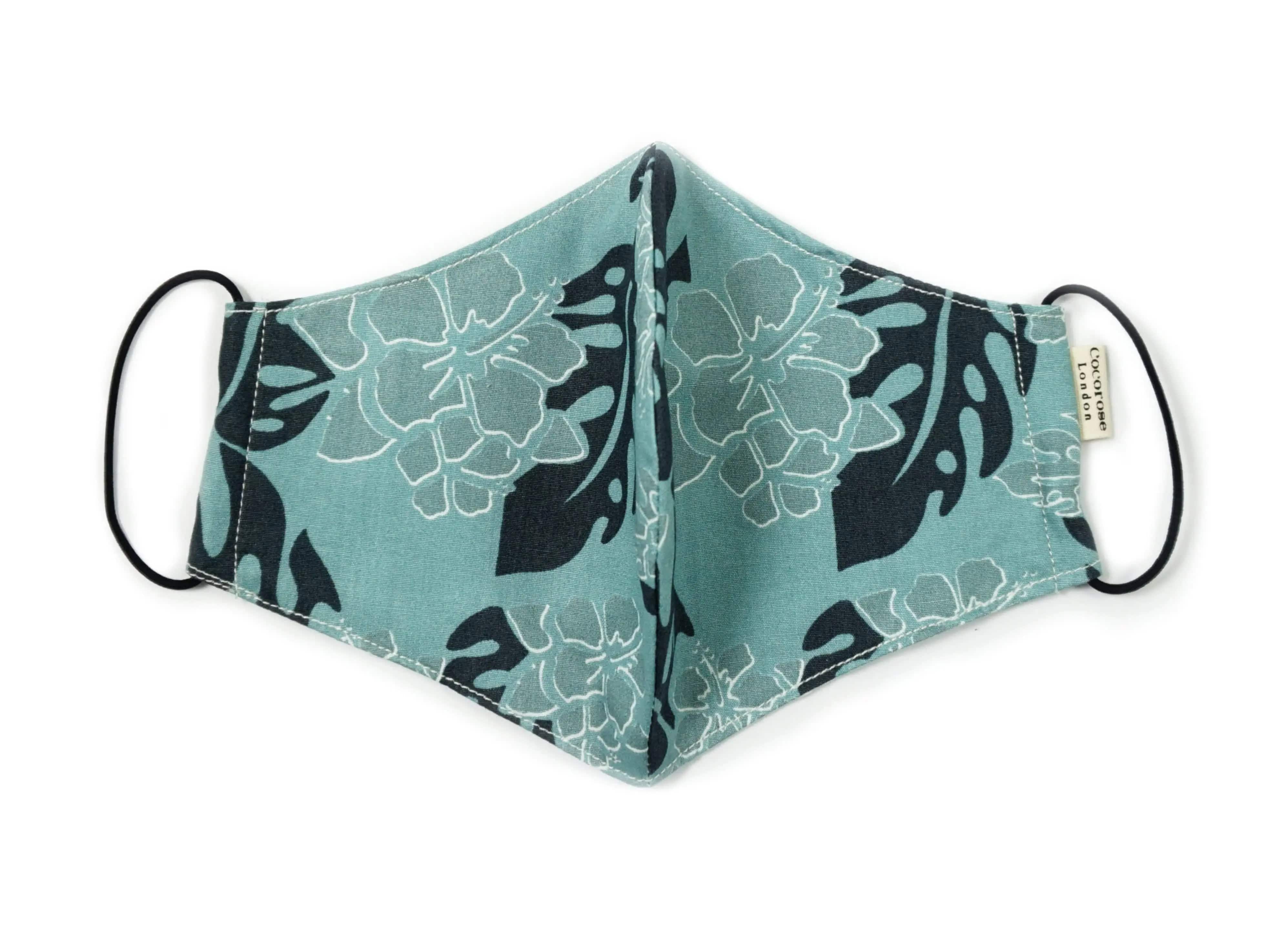 Cotton Face Mask with Filter Pocket and Matching Pouch - Hibiscus Floral Print Sea Green Cocorose London