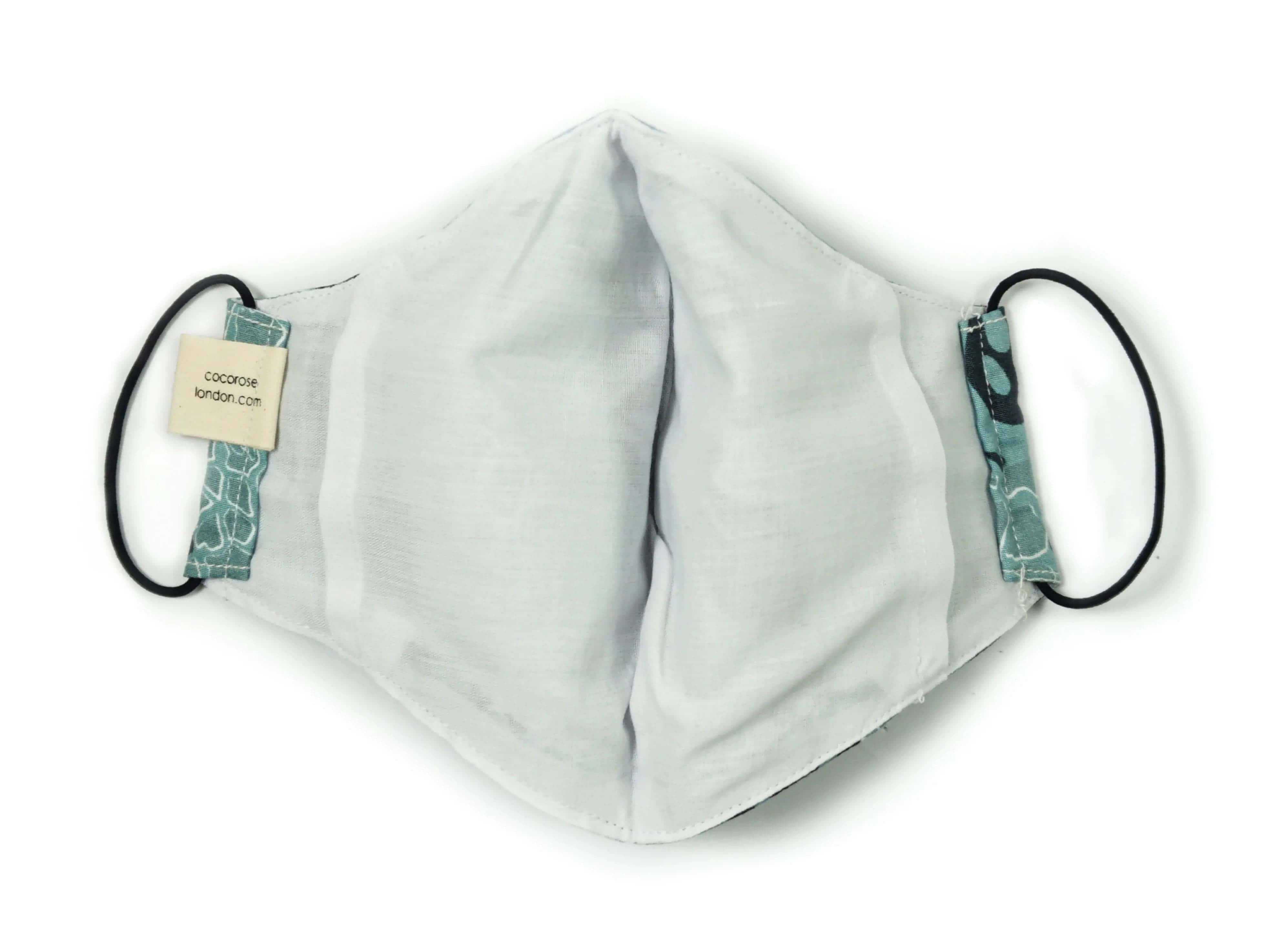 Cotton Face Mask with Filter Pocket and Matching Pouch - Hibiscus Floral Print Sea Green Cocorose London