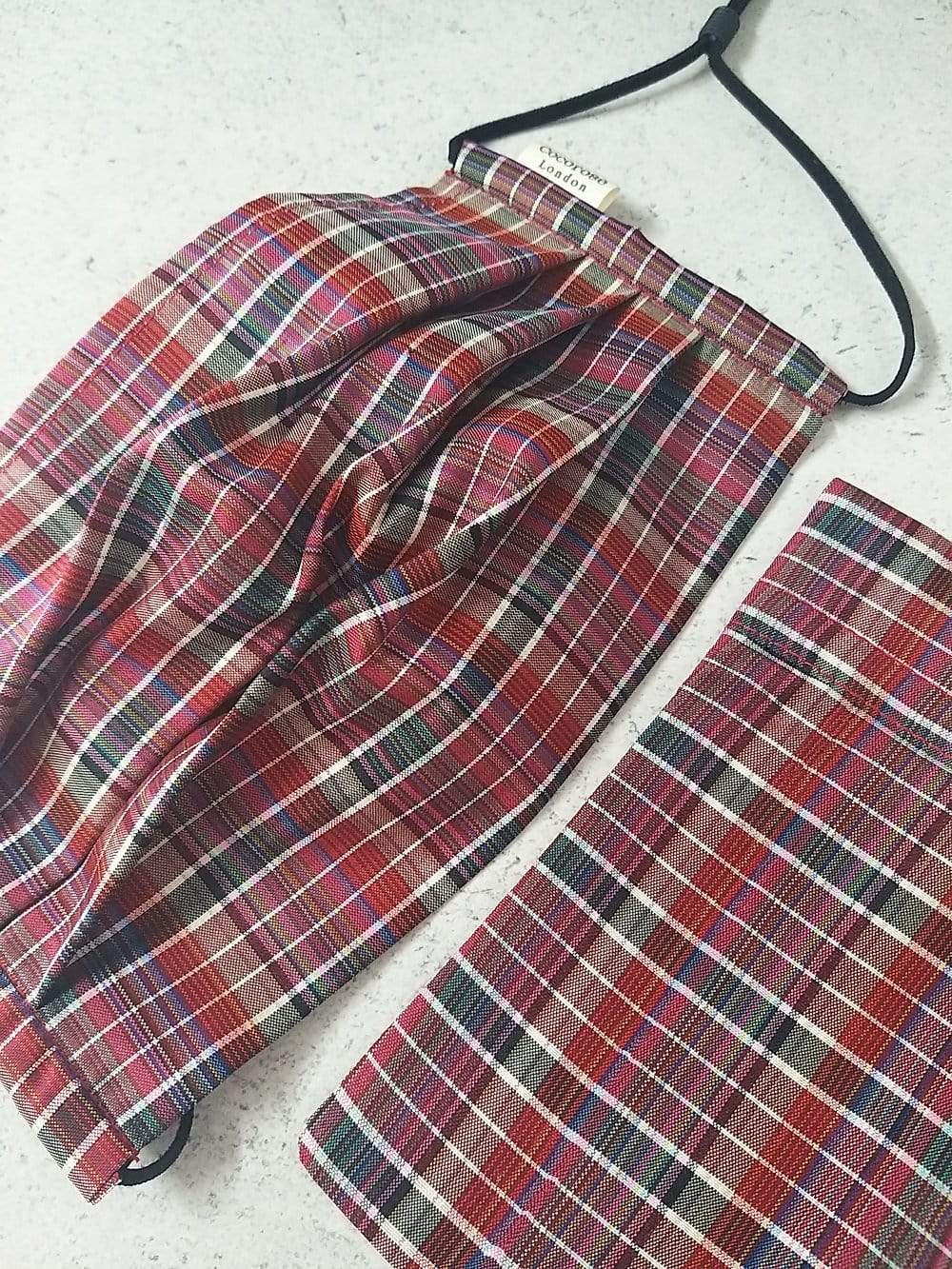 Pleated dark red check silk face mask with nose wire, adjustable suede ear loops and matching silk storage pouch