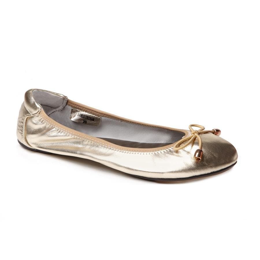 Gold Leather Ballet Flat, soft leather insole, with hand tied bow detail. Pros Cocorose Londonile image on white back ground. By Cocorose London