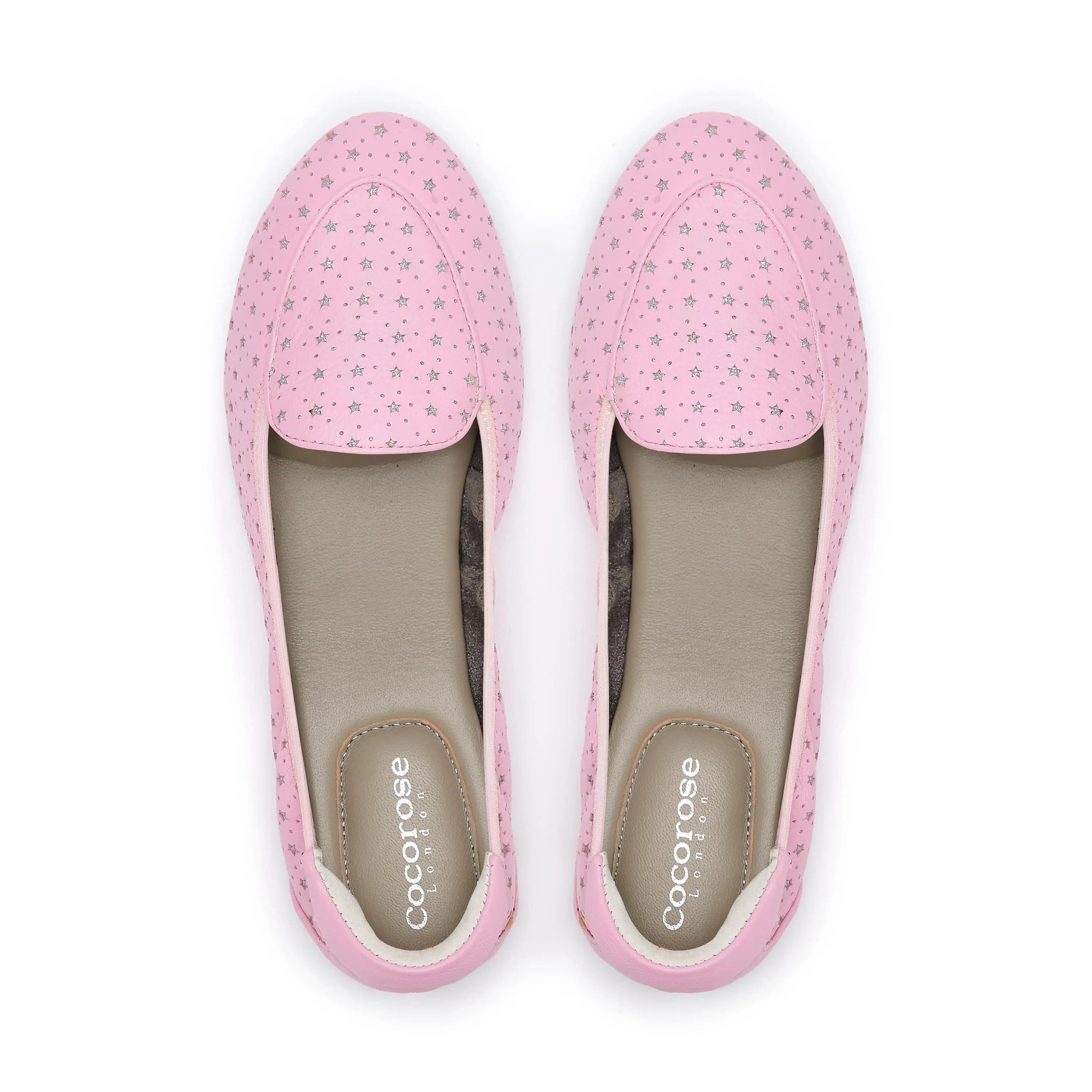 Clapham - Pink Leather Flats with Silver Stars Cocorose London