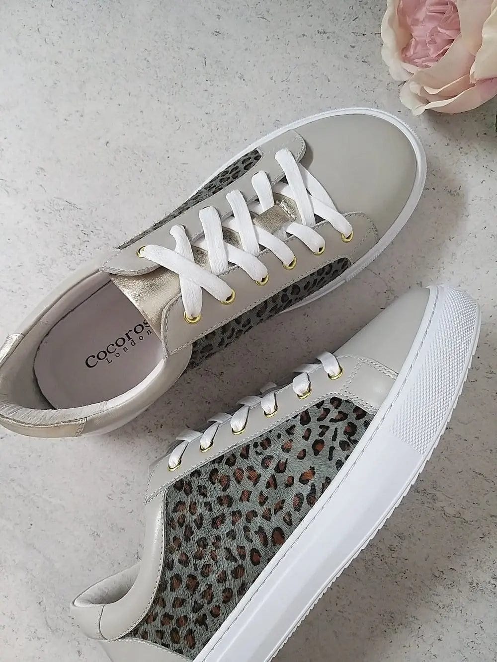 Hoxton - Dove Grey with Grey Leopard Leather Trainers Cocorose London