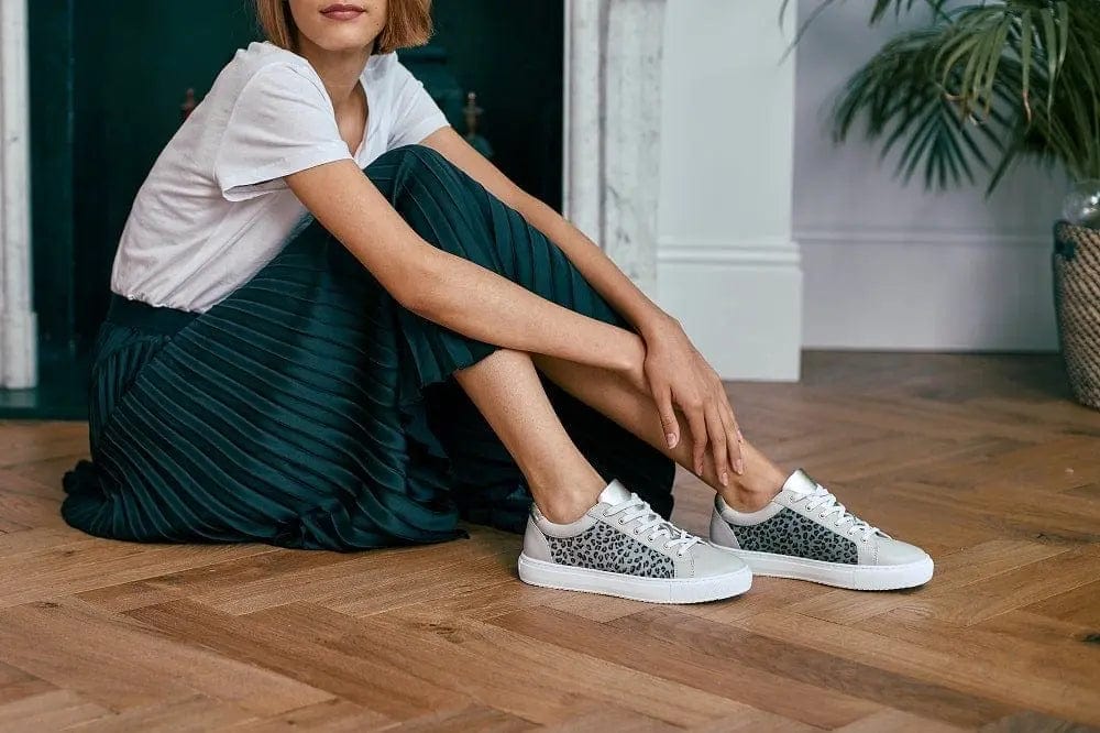 Hoxton - Dove Grey with Grey Leopard Leather Trainers Cocorose London