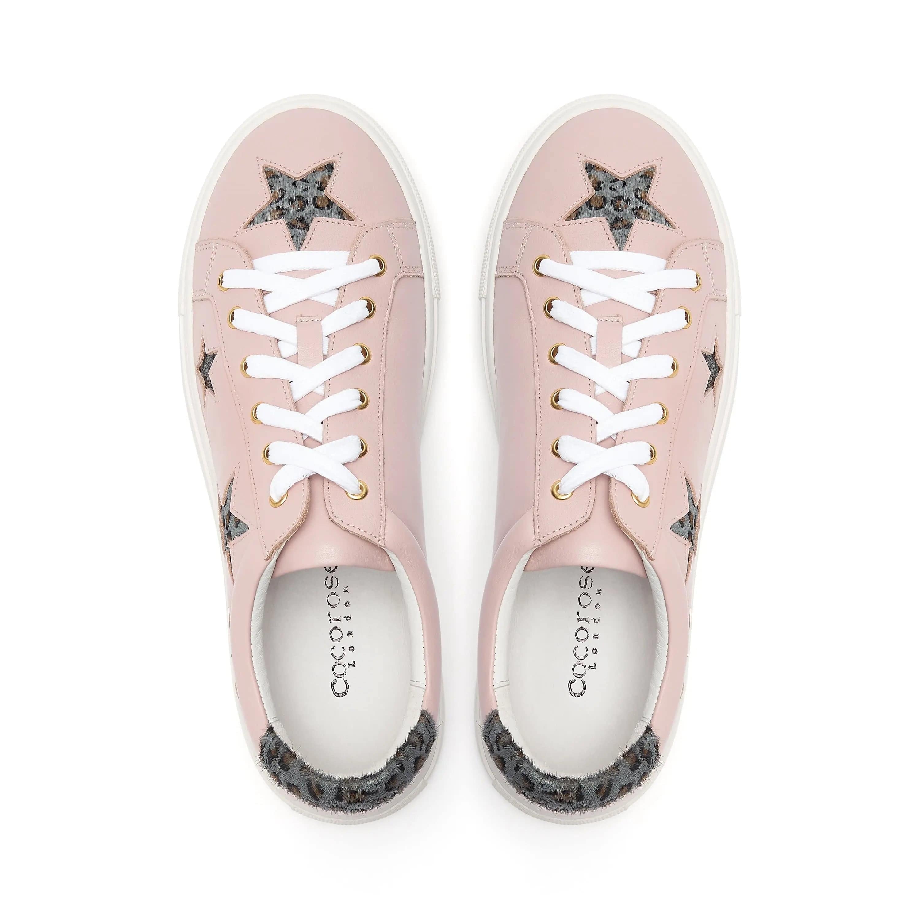 Hoxton - Pastel Pink with Grey Leopard Star Leather Trainers Cocorose London
