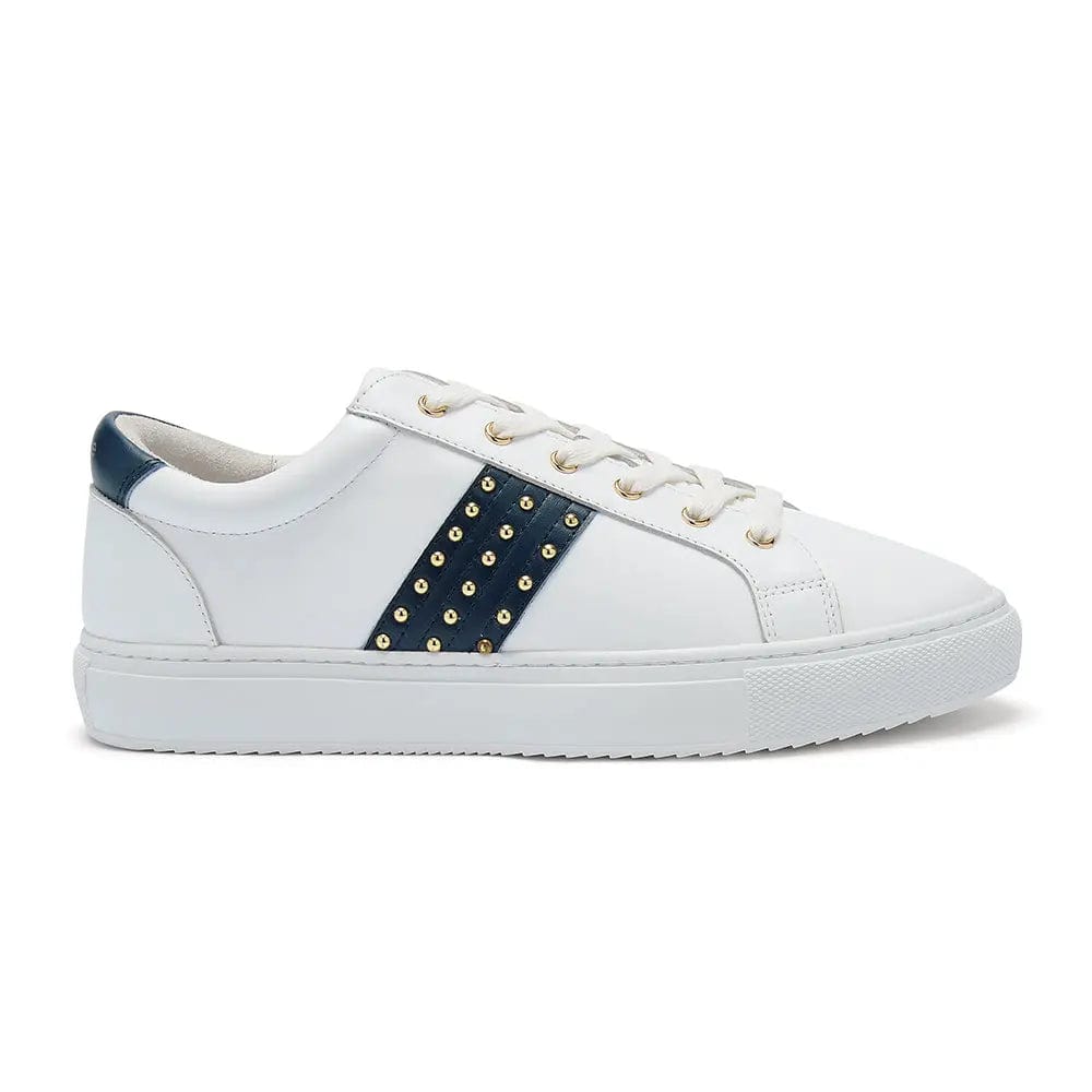 Womens White Leather Trainers with Gold Studded Navy Stripe