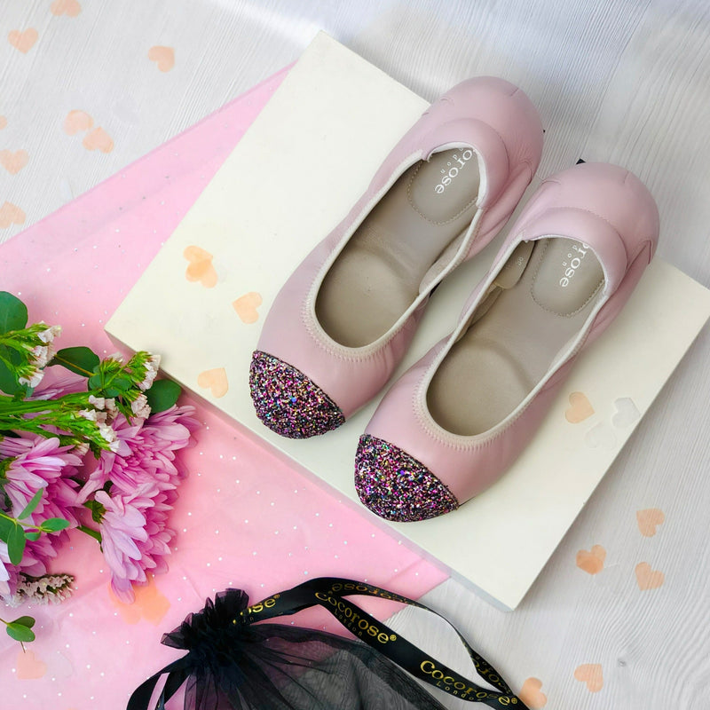 Harrow - Pastel Pink Glitter Toe Leather Flats Cocorose London