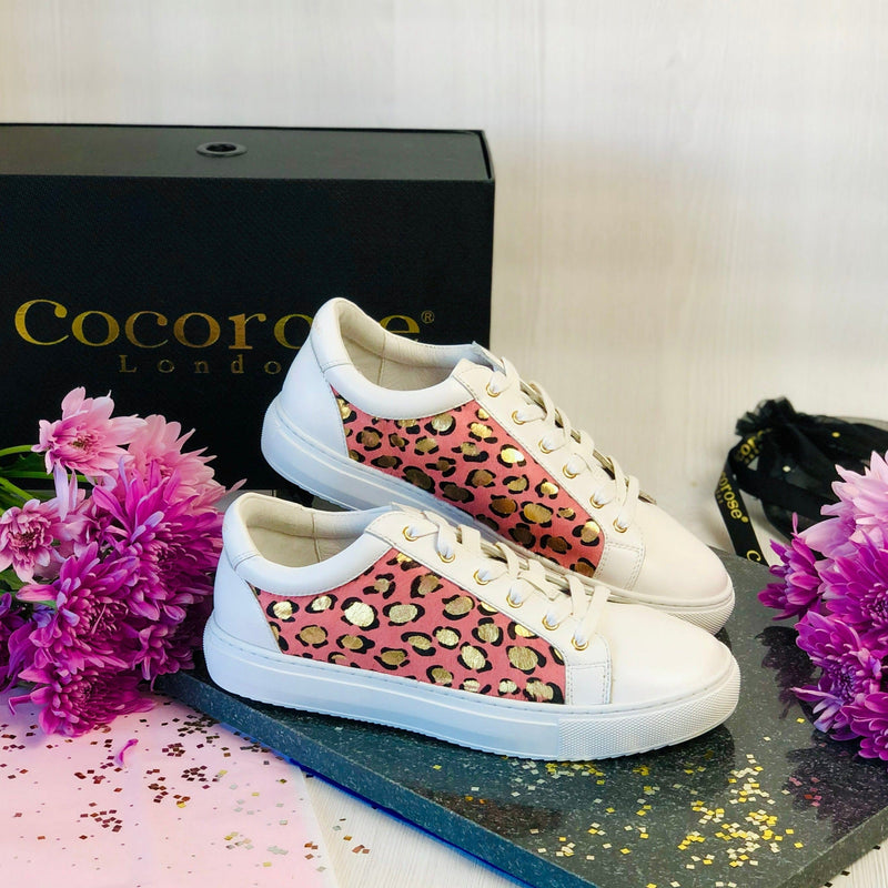 Hoxton - White with Pink & Gold Leopard Panels Trainers Cocorose London