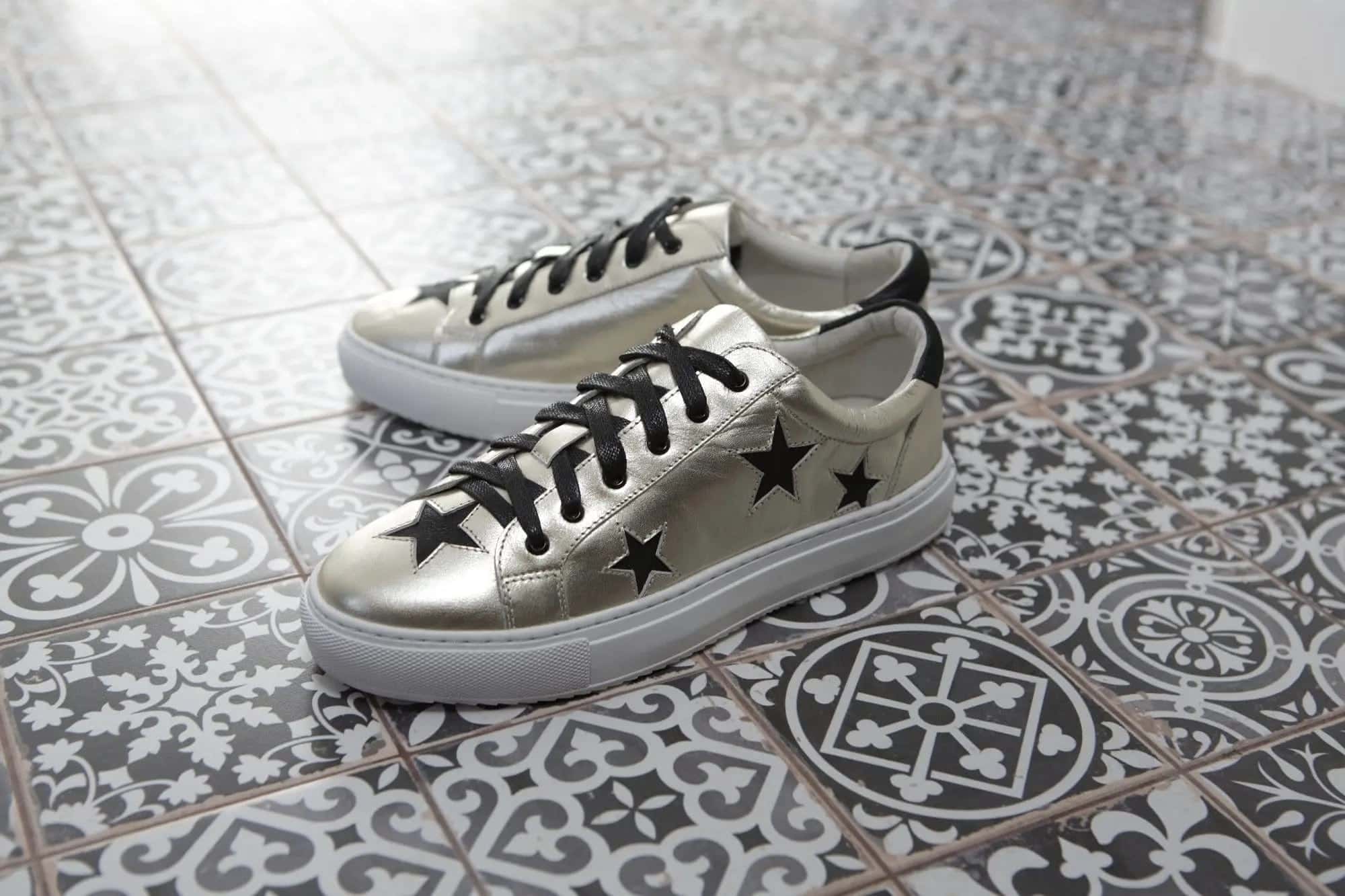 Hoxton - Gold with Black Stars Leather Trainers Cocorose London