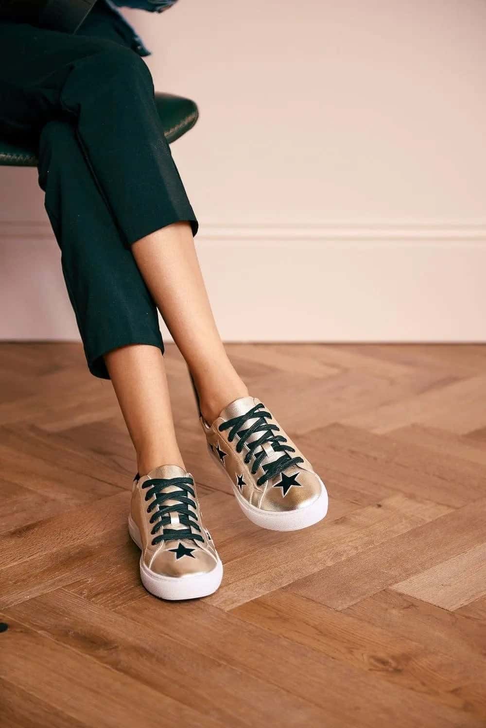 Hoxton - Gold with Black Stars Leather Trainers Cocorose London