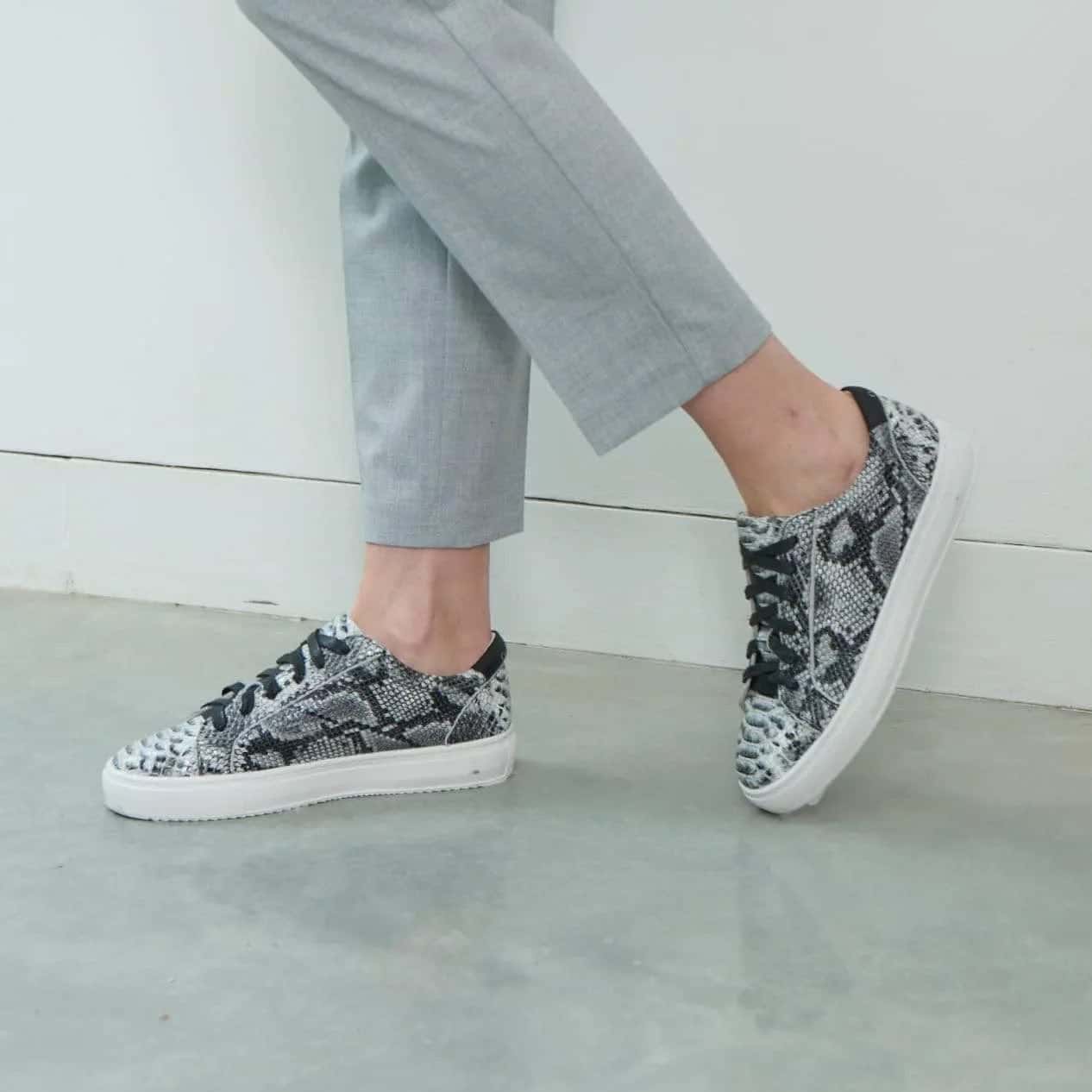 Hoxton - Grey Snakeprint Leather Trainers Cocorose London