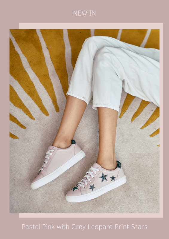 Pastel pink leather trainers with grey leopard print stars