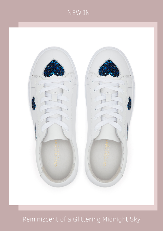 Women's designer trainers - white leather sneakers with navy glitter hearts