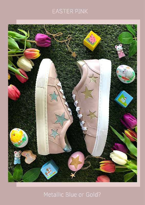Pastel pink leather trainers with gold and blue stars