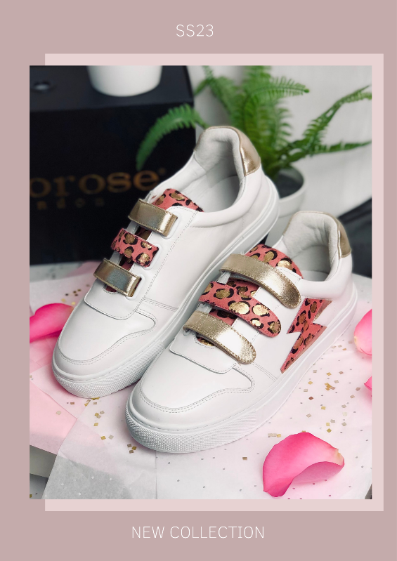 New Hoxton trainers with velcro straps and pink and gold leopard print and lightning bolt motif