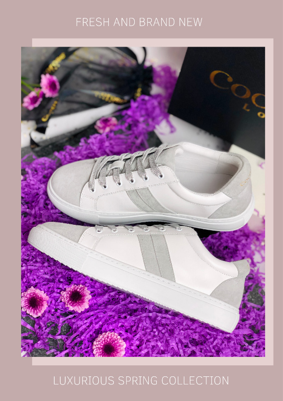 White and grey low top leather trainers 