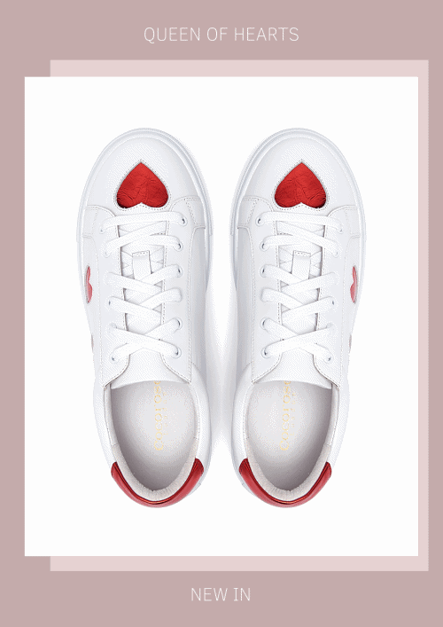 Queen of Hearts - white leather trainers with metallic shiny red hearts