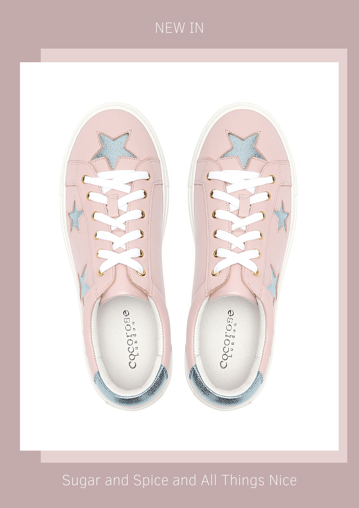 New In Hoxton Pastel Pink Leather Trainers with Metallic Blue Stars | Women's Designer Trainers