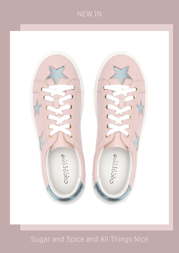 New In Hoxton Pastel Pink Leather Trainers with Metallic Blue Stars | Women's Designer Trainers