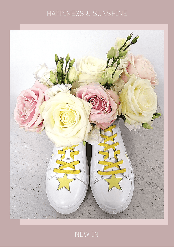 White leather trainers with lemon yellow stars - sunshine and happiness for your feet