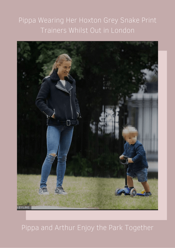 Pippa Middleton Matthews wears her Cocorose trainers in grey snake print whilst out and about with son Arthur
