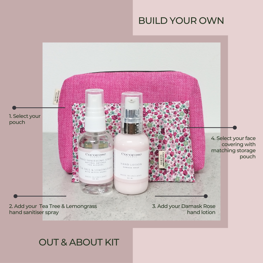 Cocorose Out & About Kit | New Normal Essentials | Covid Essentials | Hand Sanitising Spray, Hand Lotion and Face Covering in a Handbag sized pouch