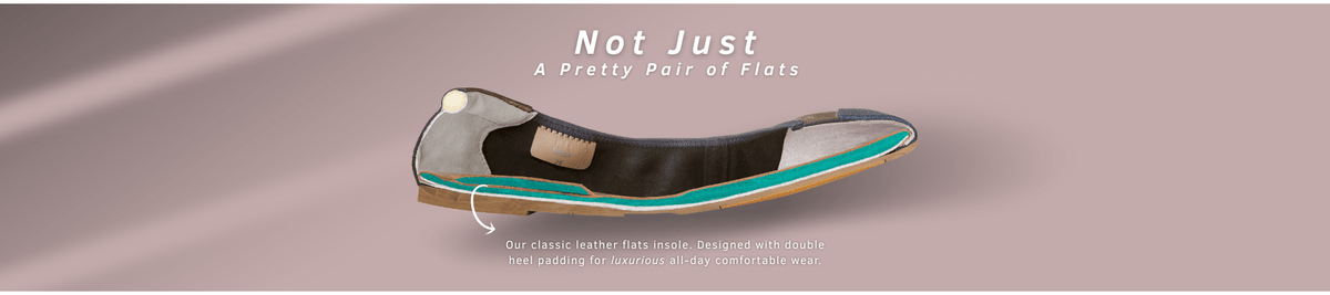 A cut through of a ballet flat. Highlighting the comfort factors in a foldable travel ballet flat.