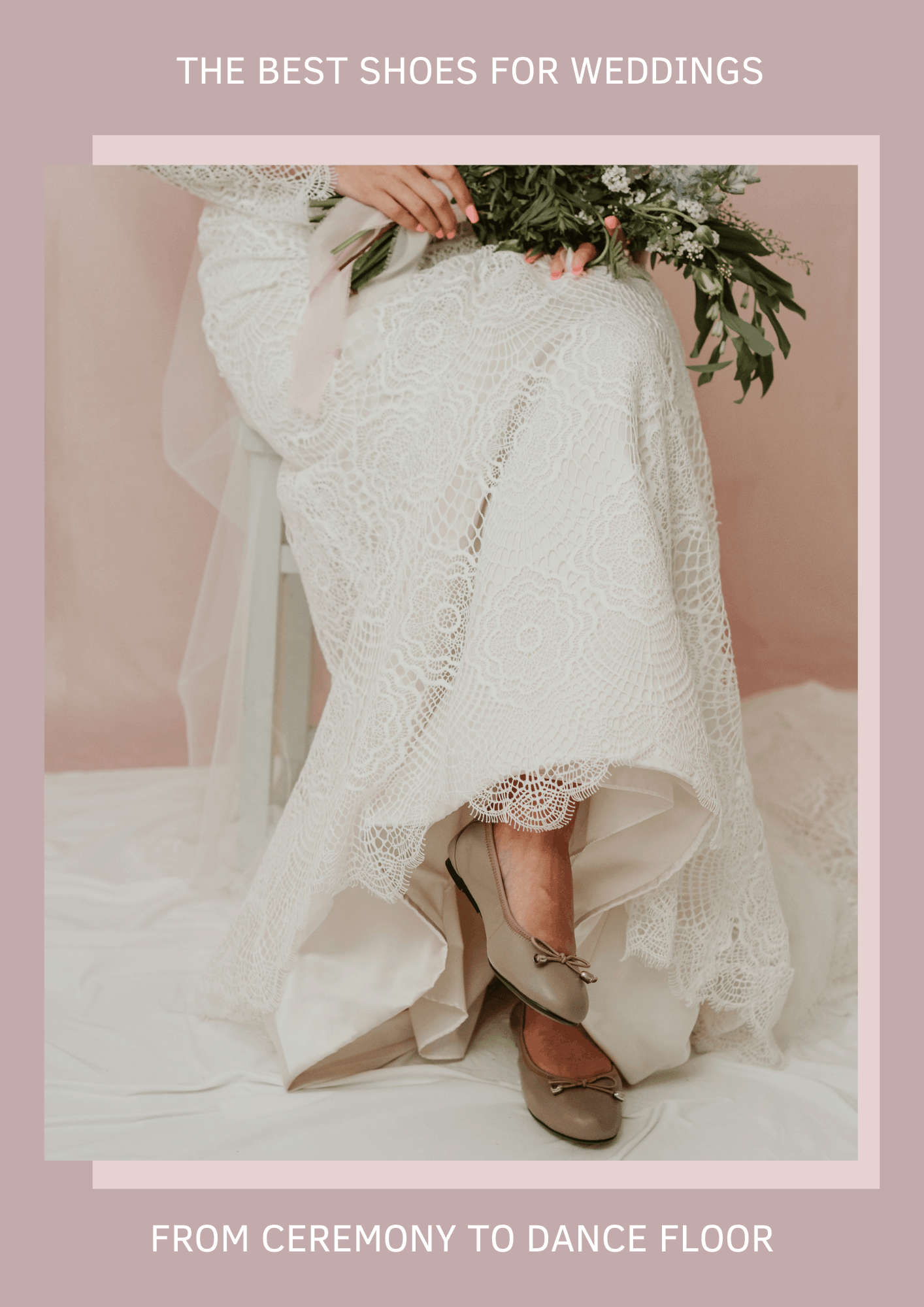 Bride wearing beautiful white wedding dress paired with a Cocorose London's Sandringham Dusky Pink foldable leather ballet flats