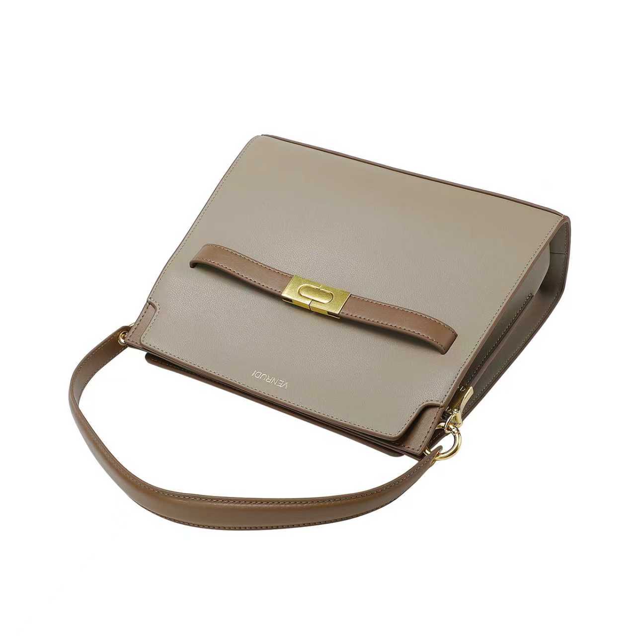 Beige Leather Handbag with Tan Belt-Buckle Detail and Detachable Shoulder Strap